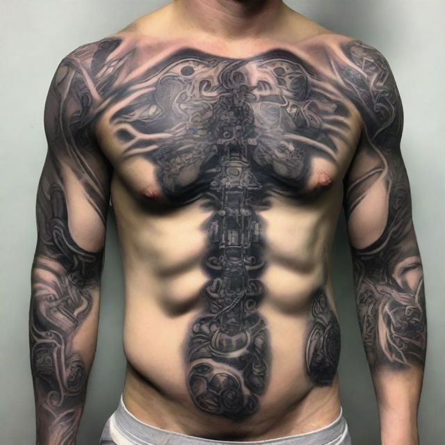 A high-quality, intricately designed image of a full-body biomechanical tattoo on a male figure