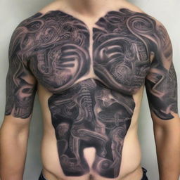 A high-quality, intricately designed image of a full-body biomechanical tattoo on a male figure