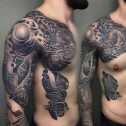 A high-quality, intricately designed image of a full-body biomechanical tattoo on a male figure