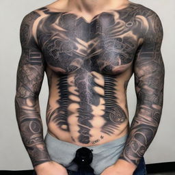 A high-quality, intricately designed image of a full-body biomechanical tattoo on a male figure