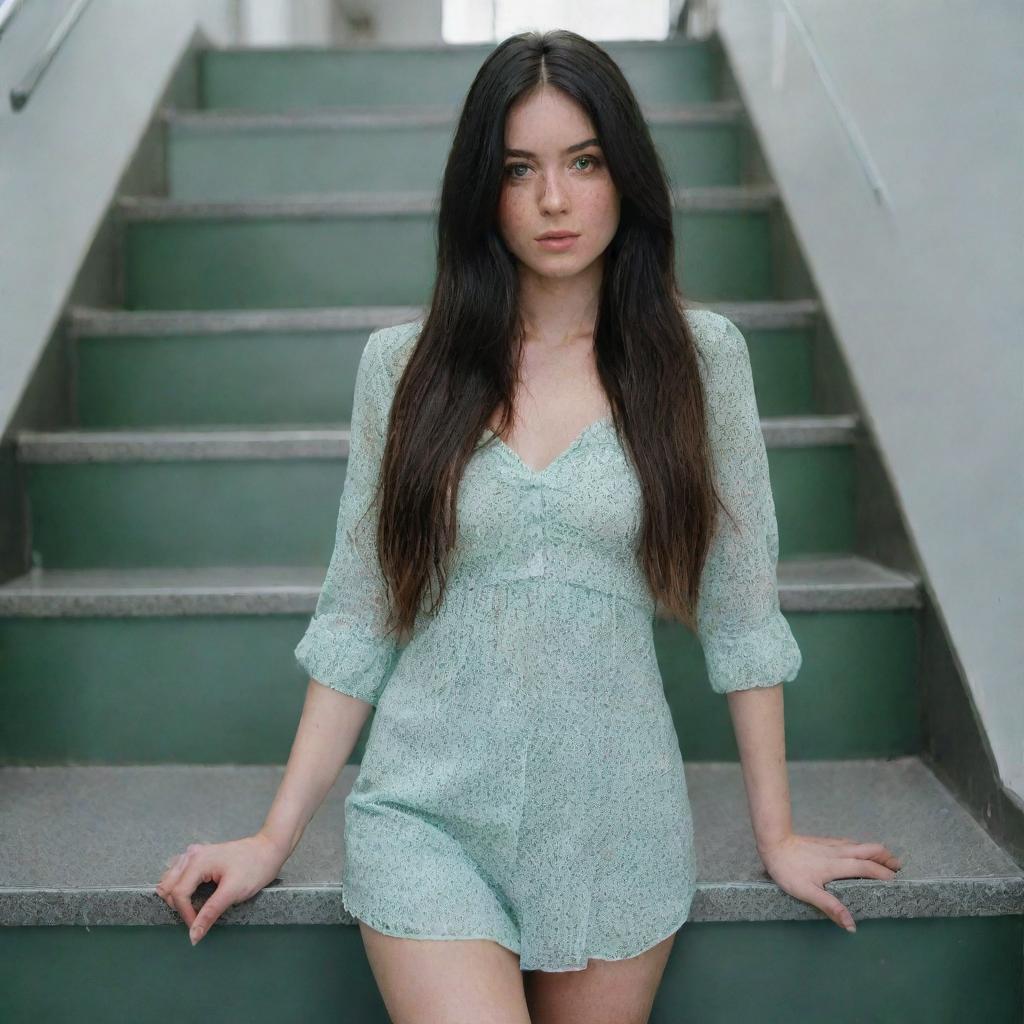 photo shot by sony alpha ii and sony fe 200, a full body woman, in shoping in automatic stairs,23 year old with green eyes and black long hair.,freckles, moda clothes, ultra realist, 4k hd, ultra detailed, natural light,  --style raw--v 5.2,