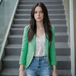 photo shot by sony alpha ii and sony fe 200, a full body woman, in shoping in automatic stairs,23 year old with green eyes and black long hair.,freckles, moda clothes, ultra realist, 4k hd, ultra detailed, natural light,  --style raw--v 5.2,