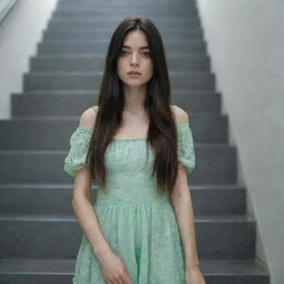 photo shot by sony alpha ii and sony fe 200, a full body woman, in shoping in automatic stairs,23 year old with green eyes and black long hair.,freckles, moda clothes, ultra realist, 4k hd, ultra detailed, natural light,  --style raw--v 5.2,