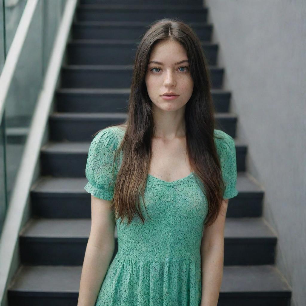 photo shot by sony alpha ii and sony fe 200, a full body woman, in shoping in automatic stairs,23 year old with green eyes and black long hair.,freckles, moda clothes, ultra realist, 4k hd, ultra detailed, natural light,  --style raw--v 5.2,