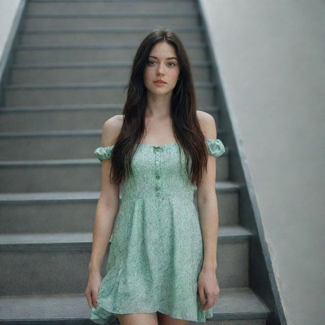 photo shot by sony alpha ii and sony fe 200, a full body woman, in shoping in automatic stairs,23 year old with green eyes and black long hair.,freckles, moda clothes, ultra realist, 4k hd, ultra detailed, natural light,  --style raw--v 5.2,