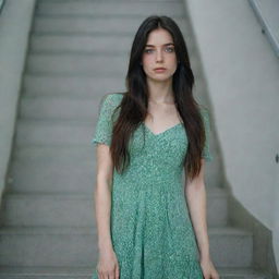 photo shot by sony alpha ii and sony fe 200, a full body woman, in shoping in automatic stairs,23 year old with green eyes and black long hair.,freckles, moda clothes, ultra realist, 4k hd, ultra detailed, natural light,  --style raw--v 5.2,