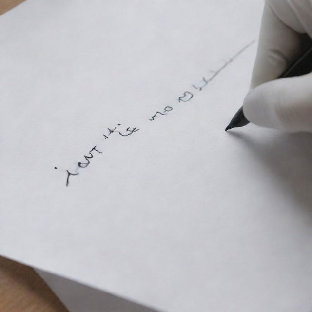 A detailed view of a gloved hand elegantly writing 'It's a New Day' on smooth white paper, with good contrast between the glove, paper, and ink