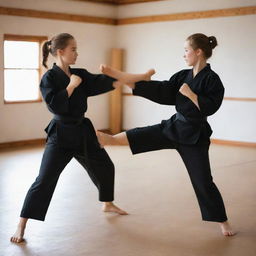 Two girls engaged in a friendly martial arts match, executing skillful kicks and punches in a traditional dojo setting