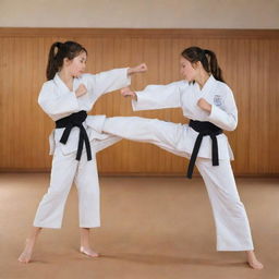 Two girls engaged in a friendly martial arts match, executing skillful kicks and punches in a traditional dojo setting