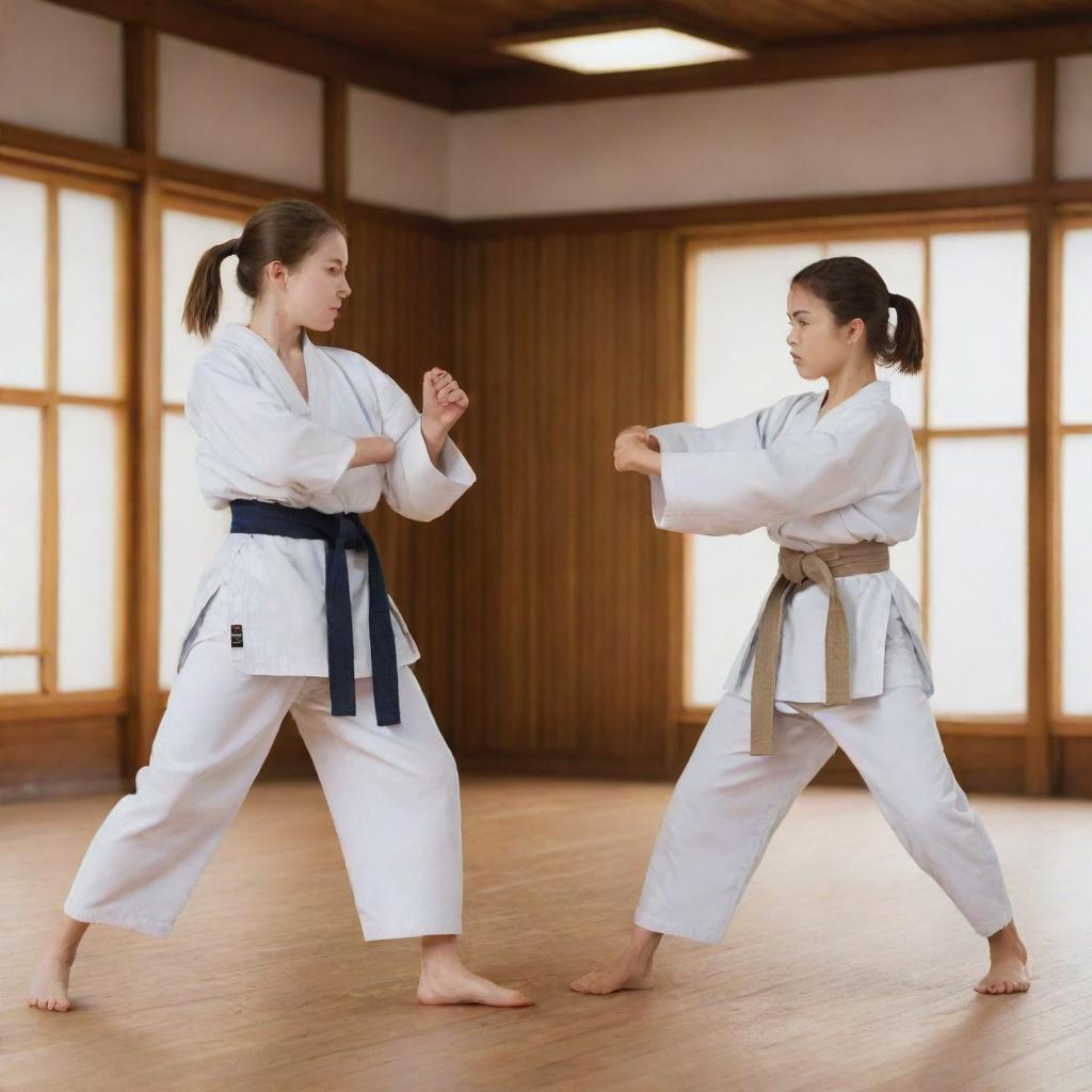 Two girls engaged in a friendly martial arts match, executing skillful kicks and punches in a traditional dojo setting