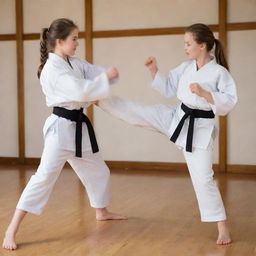 Two girls engaged in a friendly martial arts match, executing skillful kicks and punches in a traditional dojo setting