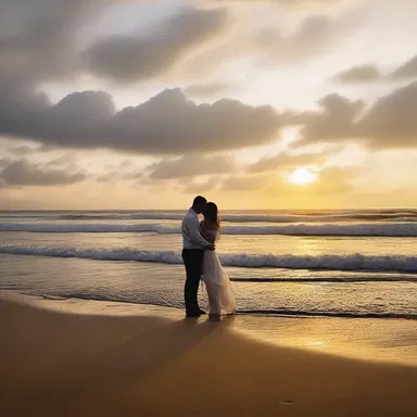 As the sun set over the horizon, the waves gently ebb out, creating a romantic atmosphere on the beach.