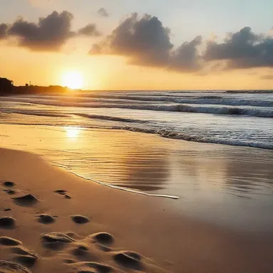 As the sun set over the horizon, the waves gently ebb out, creating a romantic atmosphere on the beach.