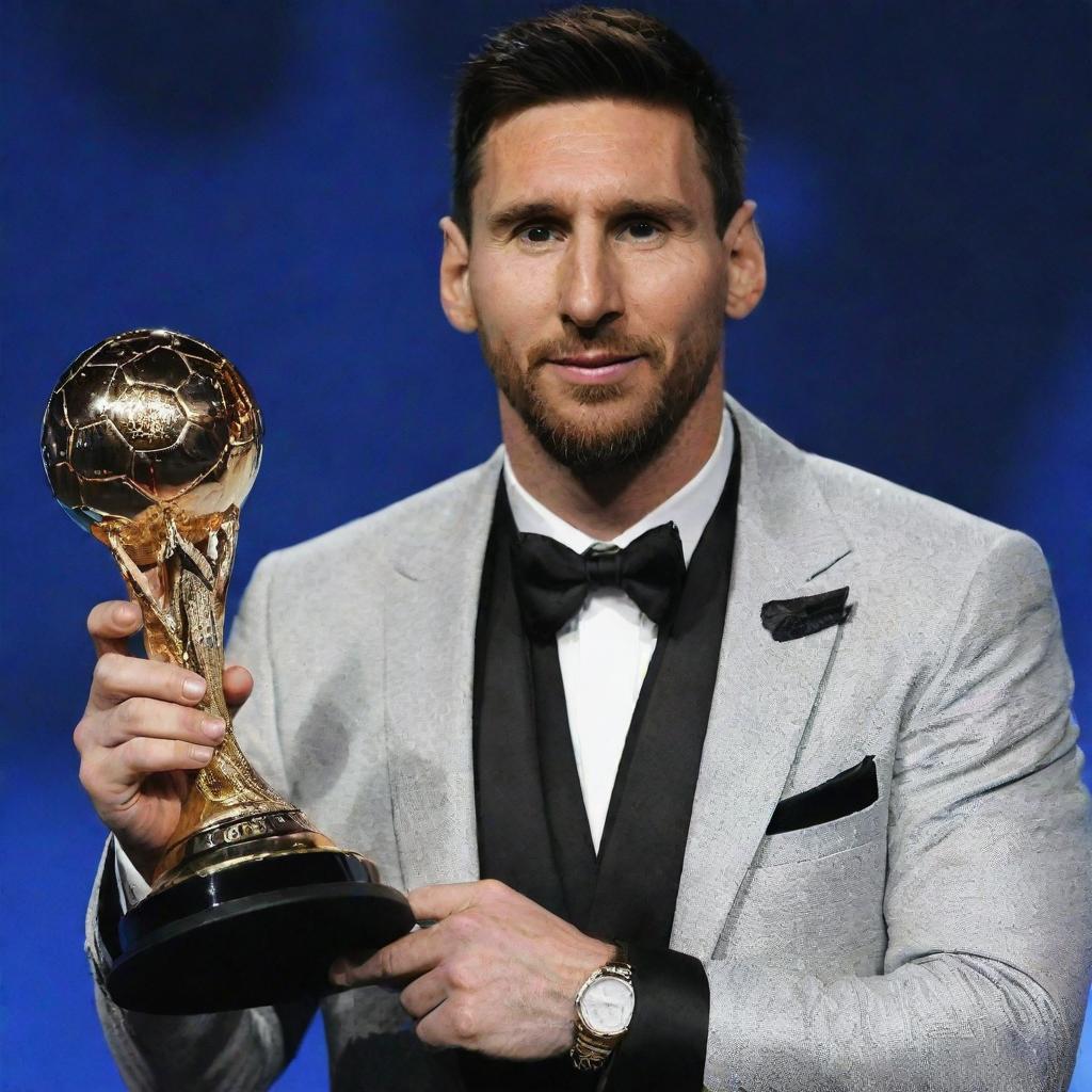 Lionel Messi in 2030's fashion attire, proudly holding the Best Player of the Year award in a grand sports event setting.