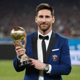 Lionel Messi in 2030's fashion attire, proudly holding the Best Player of the Year award in a grand sports event setting.