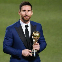 Lionel Messi in 2030's fashion attire, proudly holding the Best Player of the Year award in a grand sports event setting.