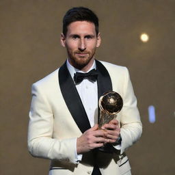 Lionel Messi in 2030's fashion attire, proudly holding the Best Player of the Year award in a grand sports event setting.