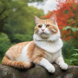 A majestic cat basking in the vibrant natural surroundings, composed like a classic painting.