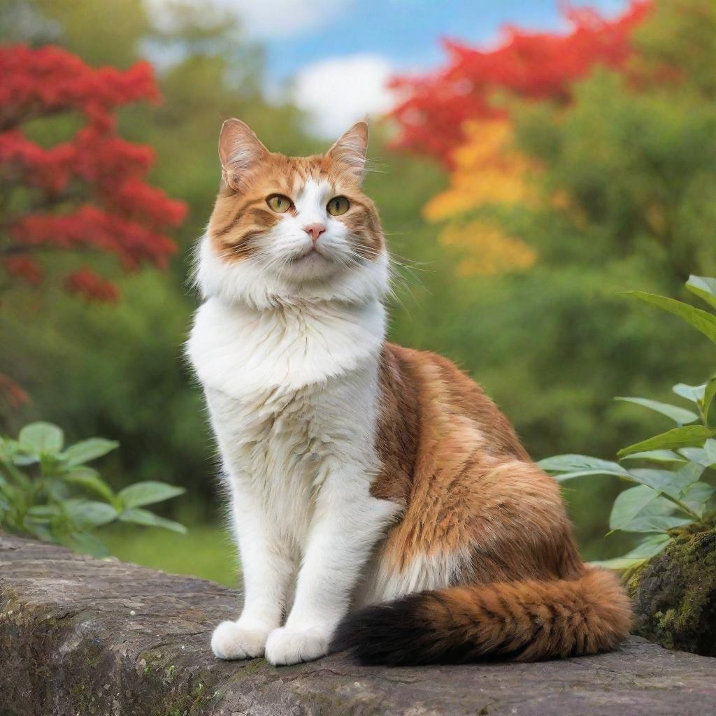 A majestic cat basking in the vibrant natural surroundings, composed like a classic painting.