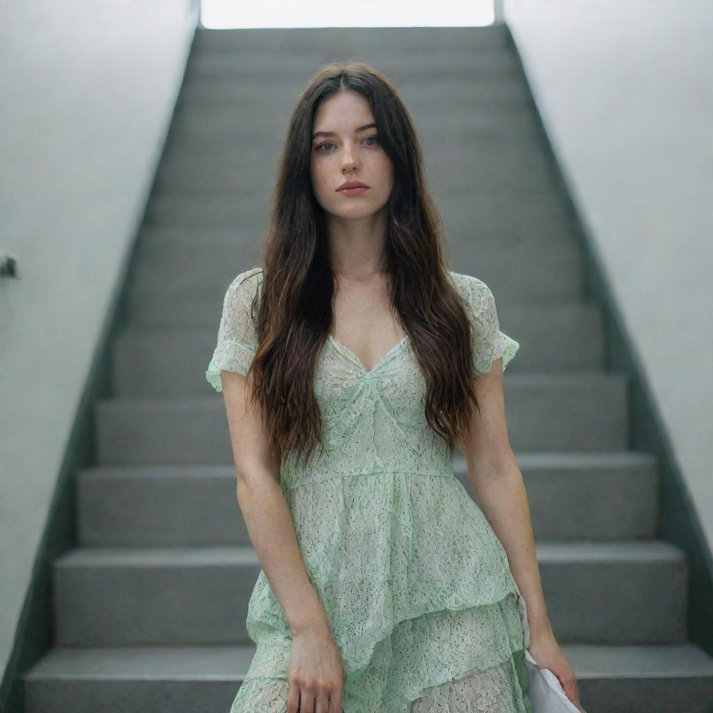 photo shot by sony alpha ii and sony fe 200, a full body woman, in shoping in automatic stairs,23 year old with green eyes and black long hair.,freckles, moda clothes, ultra realist, 4k hd, ultra detailed, natural light,  --style raw--v 5.2,