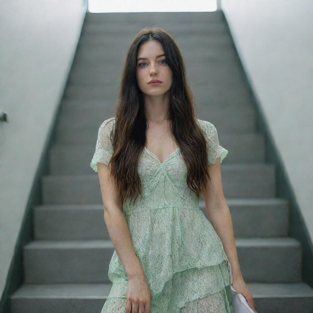 photo shot by sony alpha ii and sony fe 200, a full body woman, in shoping in automatic stairs,23 year old with green eyes and black long hair.,freckles, moda clothes, ultra realist, 4k hd, ultra detailed, natural light,  --style raw--v 5.2,