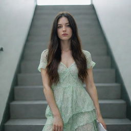 photo shot by sony alpha ii and sony fe 200, a full body woman, in shoping in automatic stairs,23 year old with green eyes and black long hair.,freckles, moda clothes, ultra realist, 4k hd, ultra detailed, natural light,  --style raw--v 5.2,