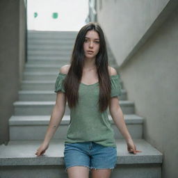 photo shot by sony alpha ii and sony fe 200, a full body woman, in shoping in automatic stairs,23 year old with green eyes and black long hair.,freckles, moda clothes, ultra realist, 4k hd, ultra detailed, natural light,  --style raw--v 5.2,