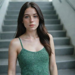 photo shot by sony alpha ii and sony fe 200, a full body woman, in shoping in automatic stairs,23 year old with green eyes and black long hair.,freckles, moda clothes, ultra realist, 4k hd, ultra detailed, natural light,  --style raw--v 5.2,