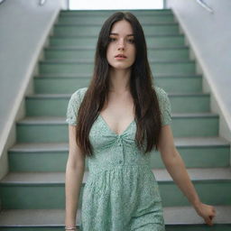 photo shot by sony alpha ii and sony fe 200, a full body woman, in shoping in automatic stairs,23 year old with green eyes and black long hair.,freckles, moda clothes, ultra realist, 4k hd, ultra detailed, natural light,  --style raw--v 5.2,