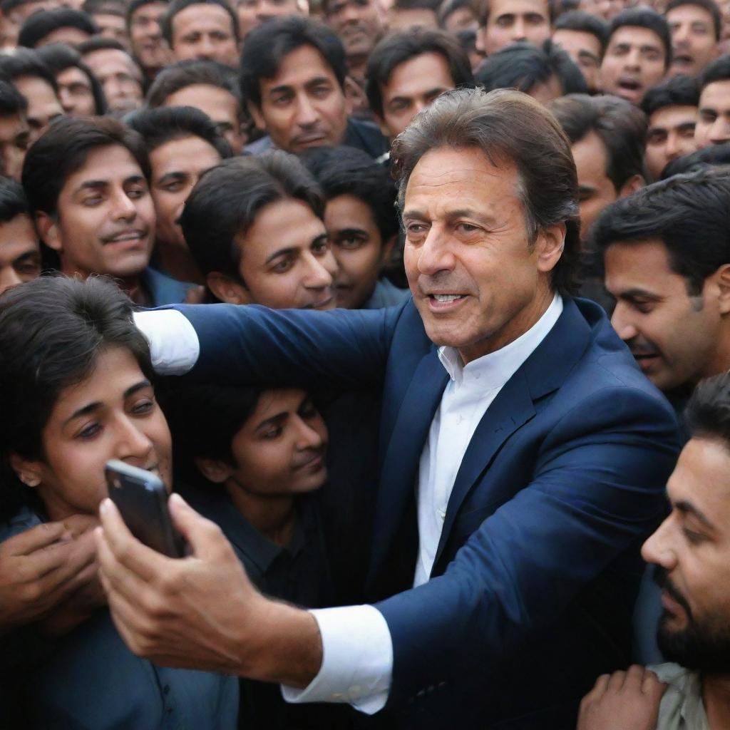 Generate an image of Imran Khan, the Pakistani Prime Minister, in a crowd interacting and taking a photo with an adoring fan.