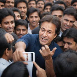 Generate an image of Imran Khan, the Pakistani Prime Minister, in a crowd interacting and taking a photo with an adoring fan.