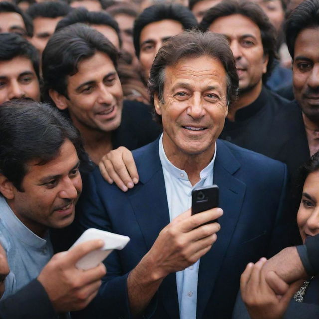 Generate an image of Imran Khan, the Pakistani Prime Minister, in a crowd interacting and taking a photo with an adoring fan.