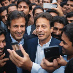 Generate an image of Imran Khan, the Pakistani Prime Minister, in a crowd interacting and taking a photo with an adoring fan.