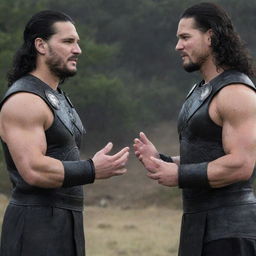 Jon Snow from Game of Thrones standing beside John Cena, both in their recognizable attires, in a friendly conversation.