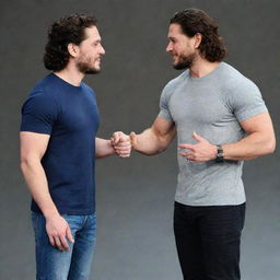 Kit Harington and John Cena standing side by side, both in casual outfits, engaged in a warm conversation.