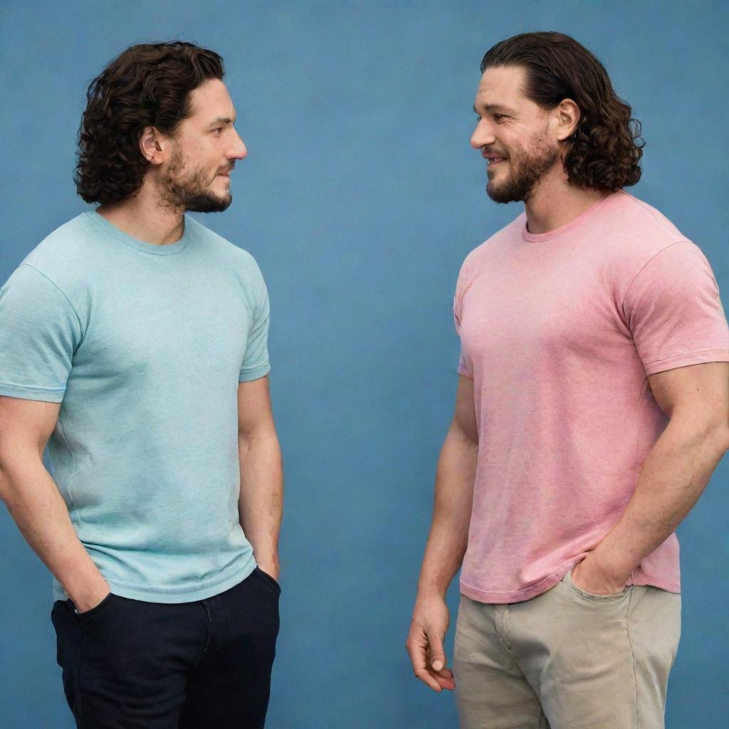 Kit Harington and John Cena standing side by side, both in casual outfits, engaged in a warm conversation.