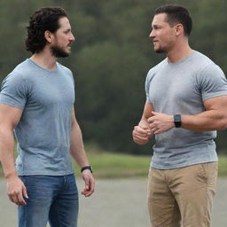 Kit Harington and John Cena standing side by side, both in casual outfits, engaged in a warm conversation.