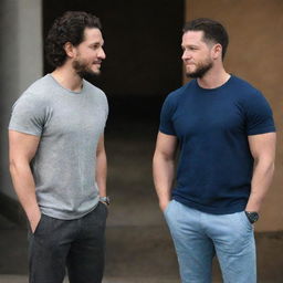 Kit Harington and John Cena standing side by side, both in casual outfits, engaged in a warm conversation.