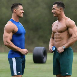 John Cena and Cristiano Ronaldo standing together, showcasing their athletic physiques, engaging in a friendly chat.