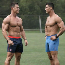 John Cena and Cristiano Ronaldo standing together, showcasing their athletic physiques, engaging in a friendly chat.