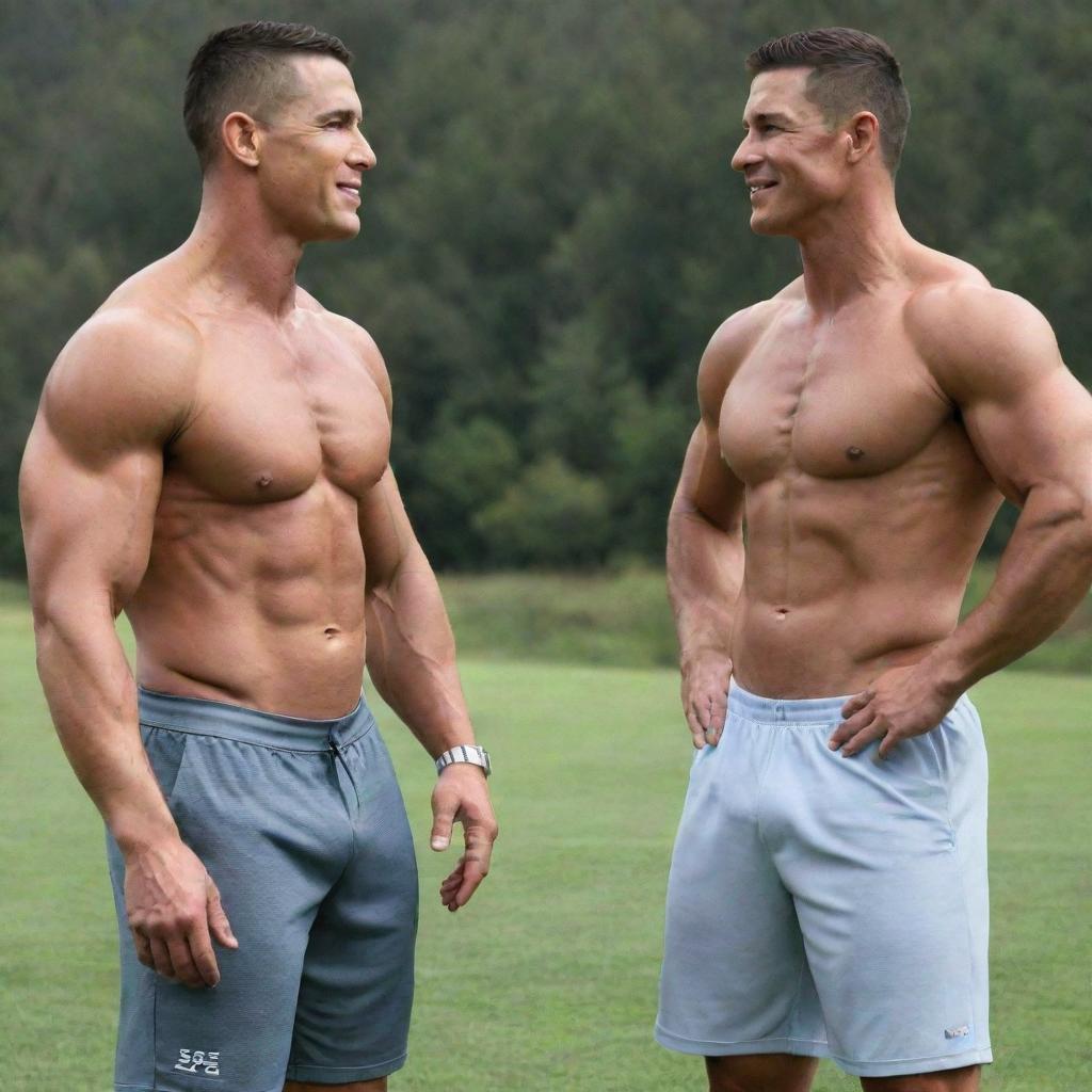 John Cena and Cristiano Ronaldo standing together, showcasing their athletic physiques, engaging in a friendly chat.