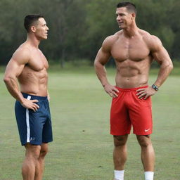 John Cena and Cristiano Ronaldo standing together, showcasing their athletic physiques, engaging in a friendly chat.