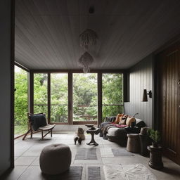 Modern boho-themed living room designed as a socializing den, featuring movable furniture, a cozy reading nook, grey wooden textured tiles, dark grey ceiling, dark brown door, and floor-to-ceiling window, embodying a clean and contemporary look.