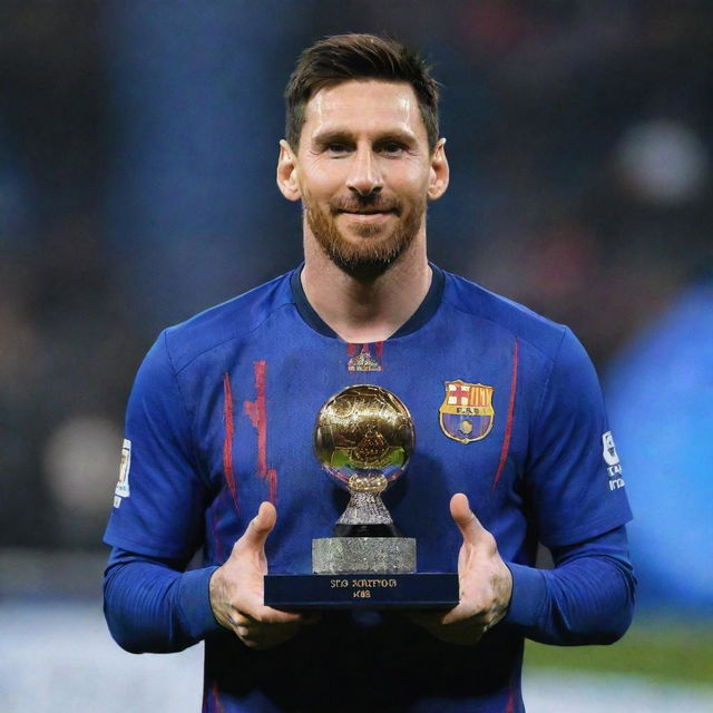 Futuristic image of Lionel Messi, holding the Best Player of the Year award in 2100, with a sign behind him displaying '2100: Best of the Century'.