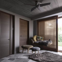 Modern boho-themed living room designed as a socializing den, featuring movable furniture, a cozy reading nook, grey wooden textured tiles, dark grey ceiling, dark brown door, and floor-to-ceiling window, embodying a clean and contemporary look.