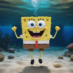 A joyful, energetic SpongeBob SquarePants expression in his classic underwater living space, Bikini Bottom.