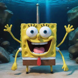 A joyful, energetic SpongeBob SquarePants expression in his classic underwater living space, Bikini Bottom.