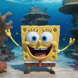 A joyful, energetic SpongeBob SquarePants expression in his classic underwater living space, Bikini Bottom.