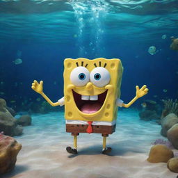 A joyful, energetic SpongeBob SquarePants expression in his classic underwater living space, Bikini Bottom.