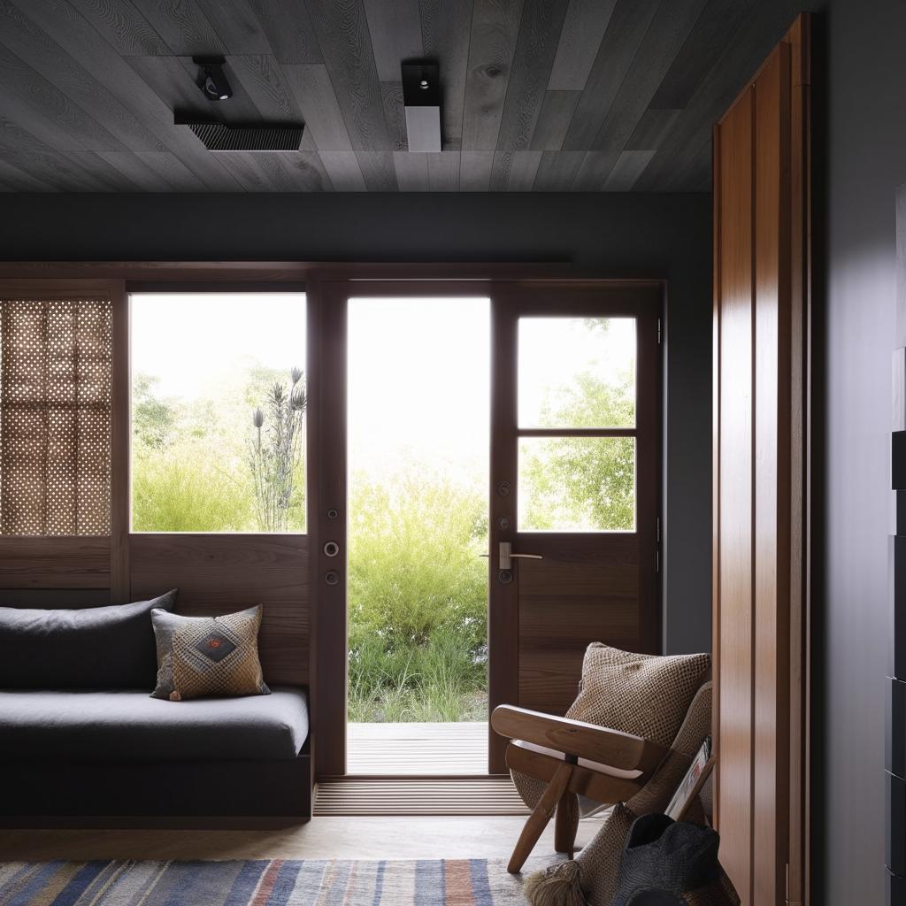 Modern boho-themed living room designed as a socializing den, featuring movable furniture, a cozy reading nook, grey wooden textured tiles, dark grey ceiling, dark brown door, and floor-to-ceiling window, embodying a clean and contemporary look.